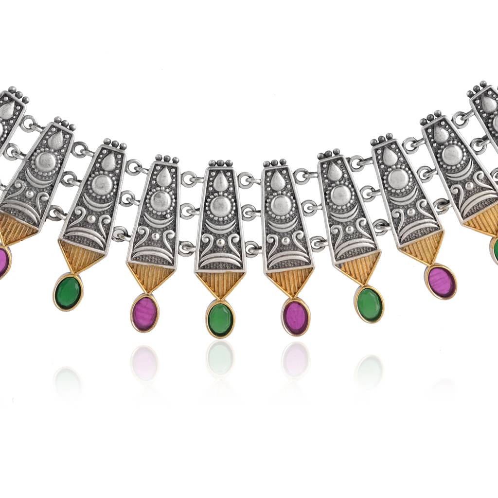 Oxidised Short Necklace Set With Multicolor Bead Earrings- Antique Elegance : 8905124582741
