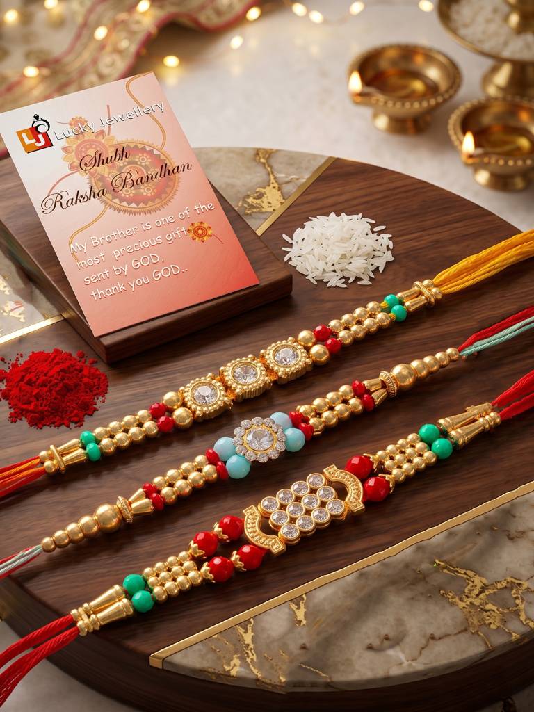 Lucky Jewellery Set Of 3 Rakhi With Small Crystal Centerpieces, Gold-Tone & Colored Beads, Roli Chawal & Card : 48-S7R1-2312-3