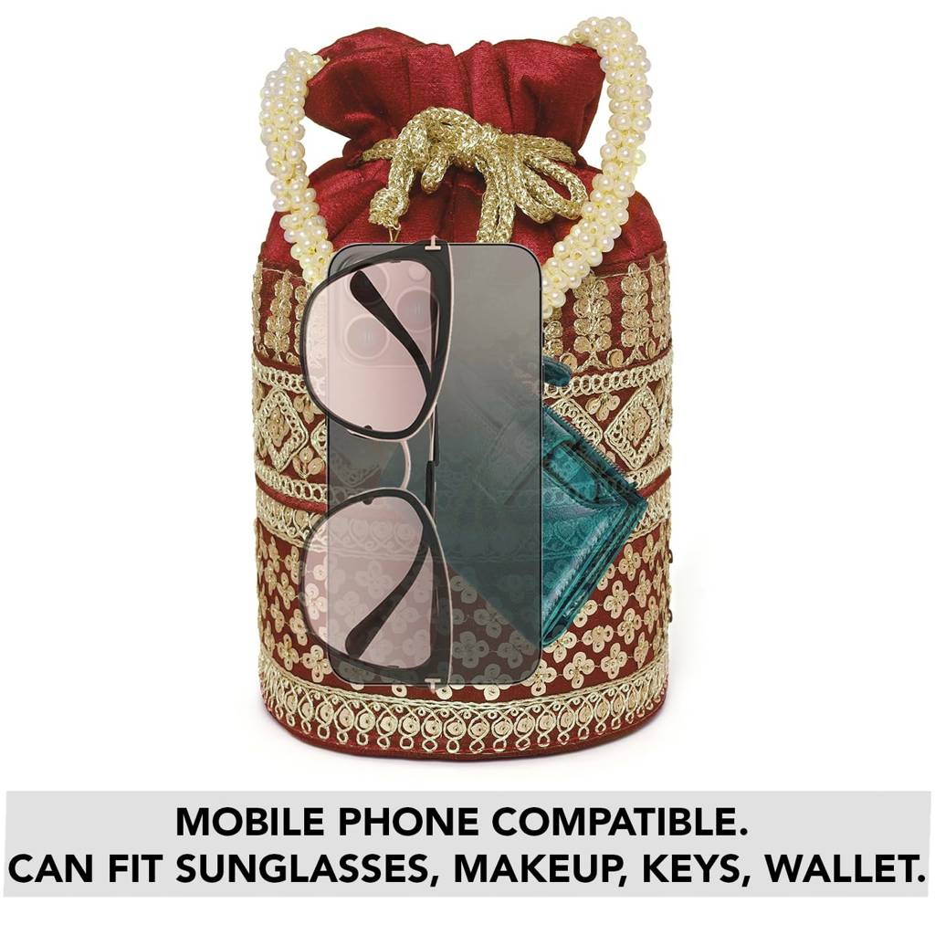 Zari Leaf Embellished Potli Bag For Women Fancy Ethnic Wristlet Purse Bag For Girls : P198M-F