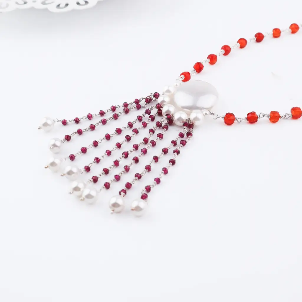 Luxe Necklace - Carnelian, Rhodonite & Pearls : 64406679