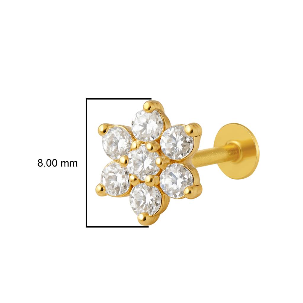 White Cz Round Six-Petal Floral Nose Pin 925 Sterling Silver Gold Plated : NP-0018-N-1-snp-0039