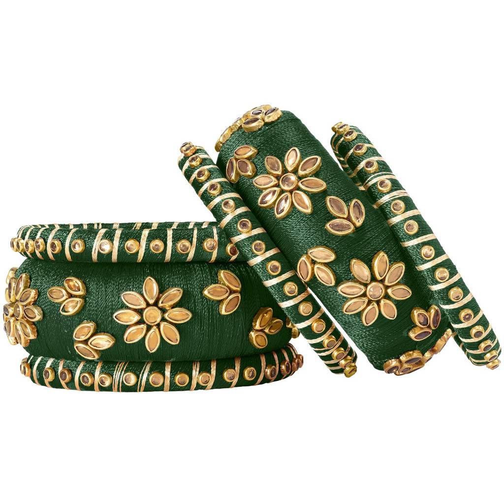 Peora Silk Thread Matching Golden Floral Decorative Chuda Chura Bangle Set For Women : PF51B69G
