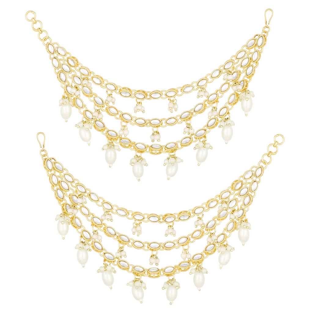 Peora Gold Plated White Kundan Beads Studded Earrings Chain Ethnic Stylish Fashion Hair Accessories Jewellery Gif : PF09EC012W