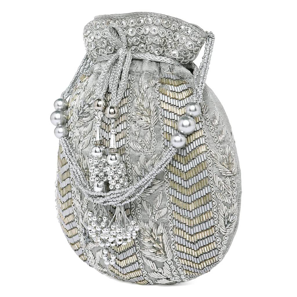 Potli Bag For Women Handmade Evening Wristlet Handbag Stylish Bridal Purse Fashion Bag For Girls (P128Crm) : P128GRY