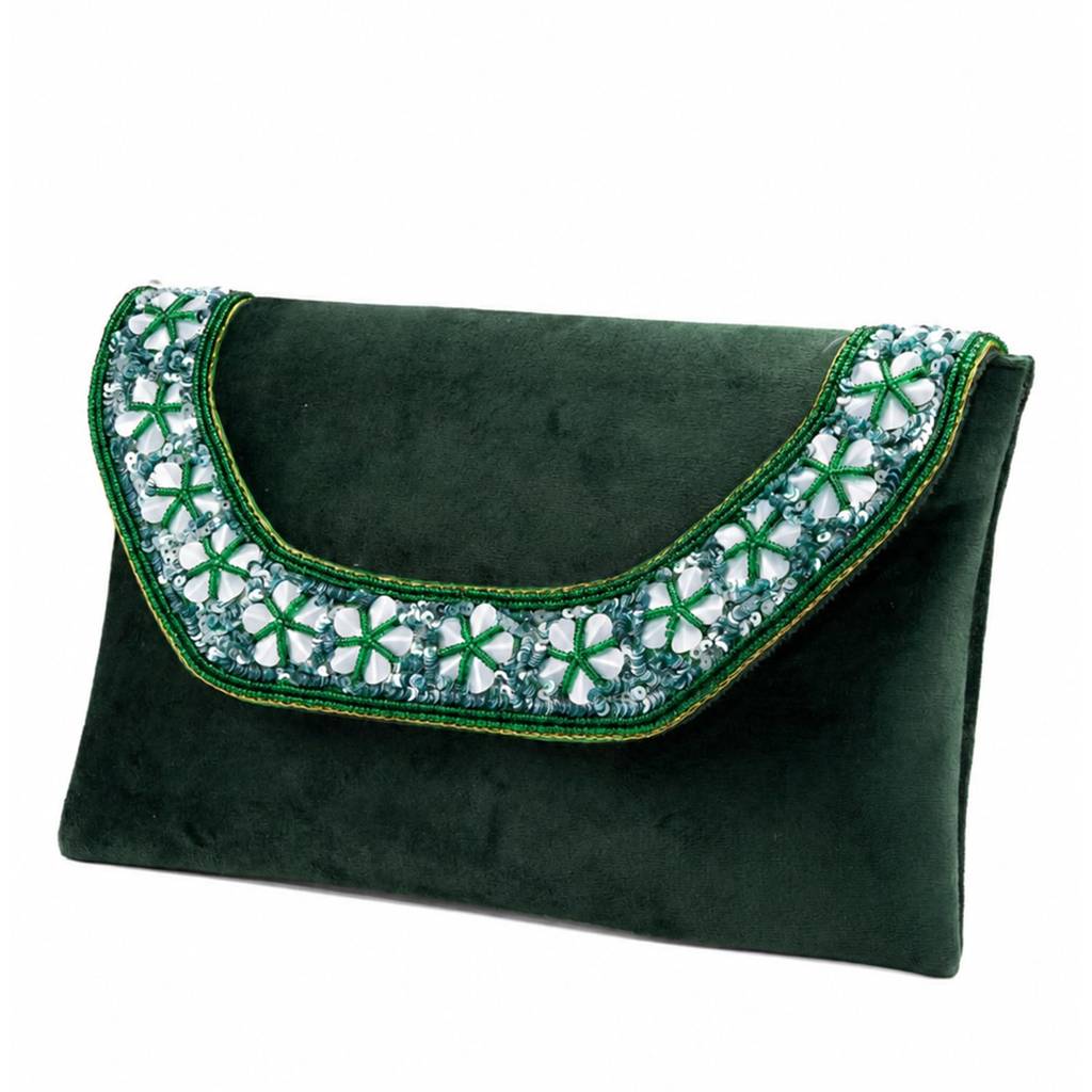 Velvet Sequin Beaded Clutch Bag For Women | Chain Strap | Embellished Wedding Festive Evening Purse : C190DG