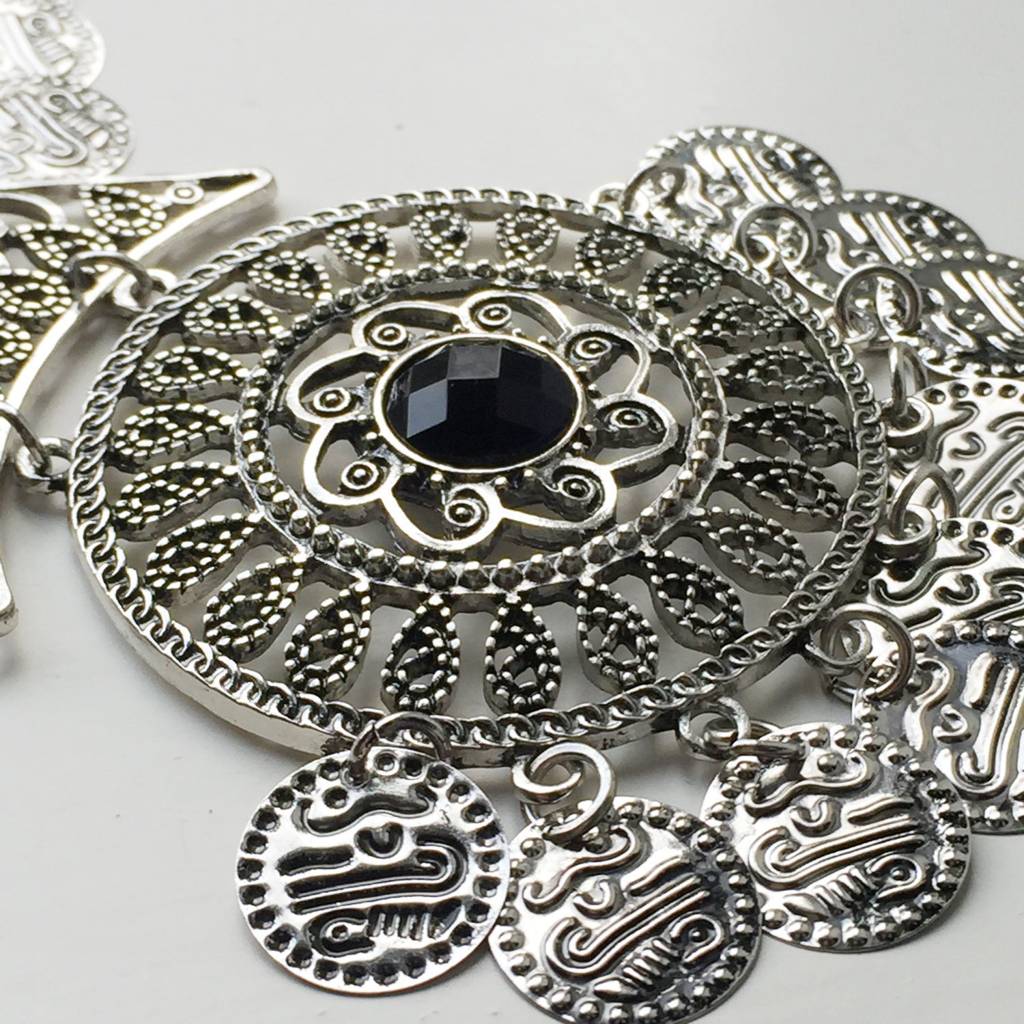 Indian Jewelry Ethnic Oxidized Silver Metal Antique Turkish Coin Statement Necklace For Women Girls : PX9N02