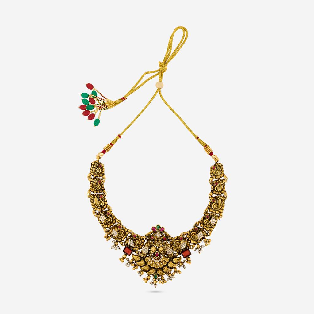 Ruby-Green-Coral Oxidised Gold - Plated Bridesmaid Temple Necklace - 456636 : 456636