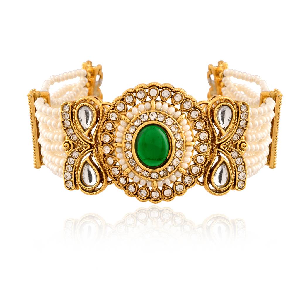 Kundan Opulance Green Oval Cz-Pearl Beaded Yellow Gold-Plated Bracelet : 8905124585483