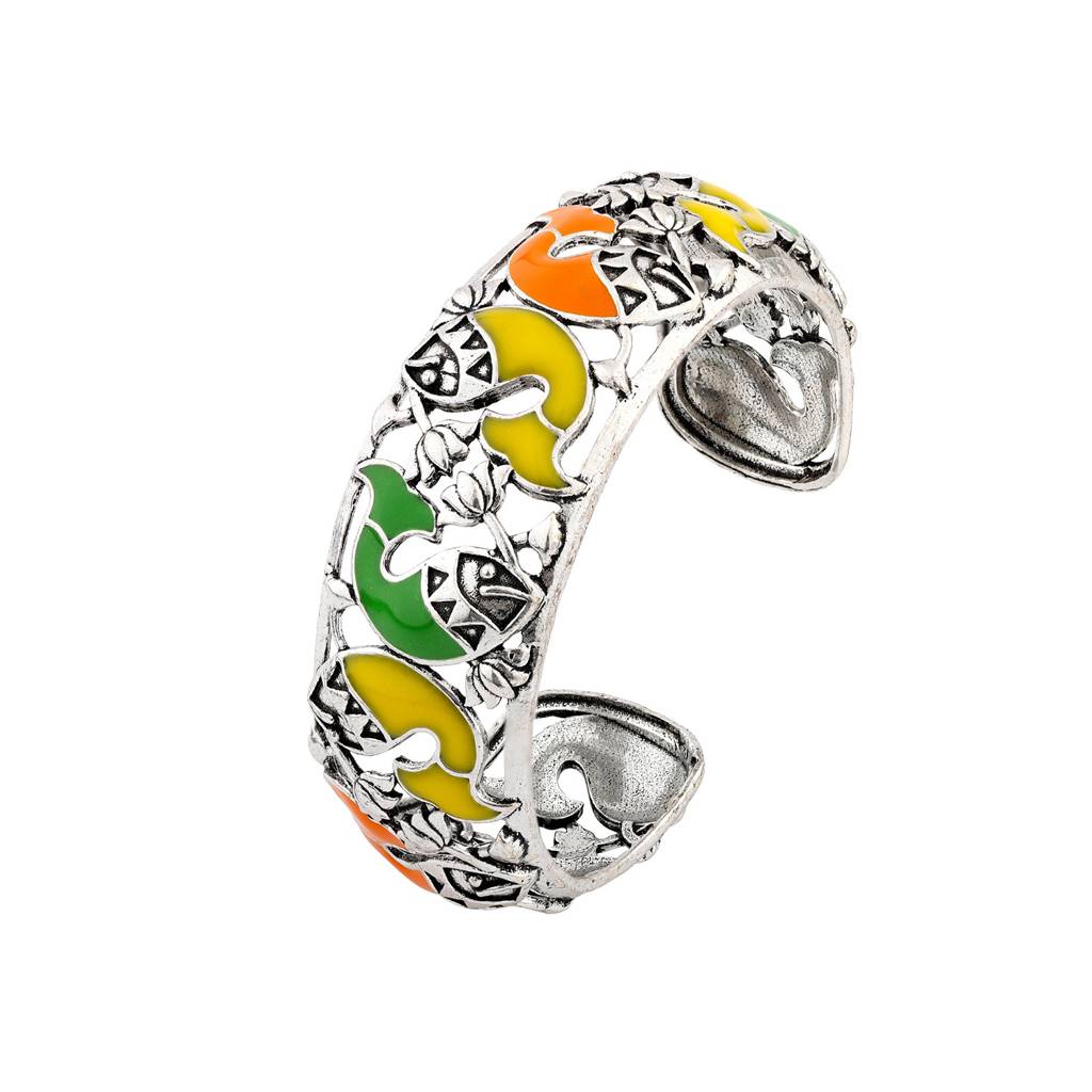 Madhubani Matsya Mandala Oxidised Enamel Cuff Bangle : 8905124560992