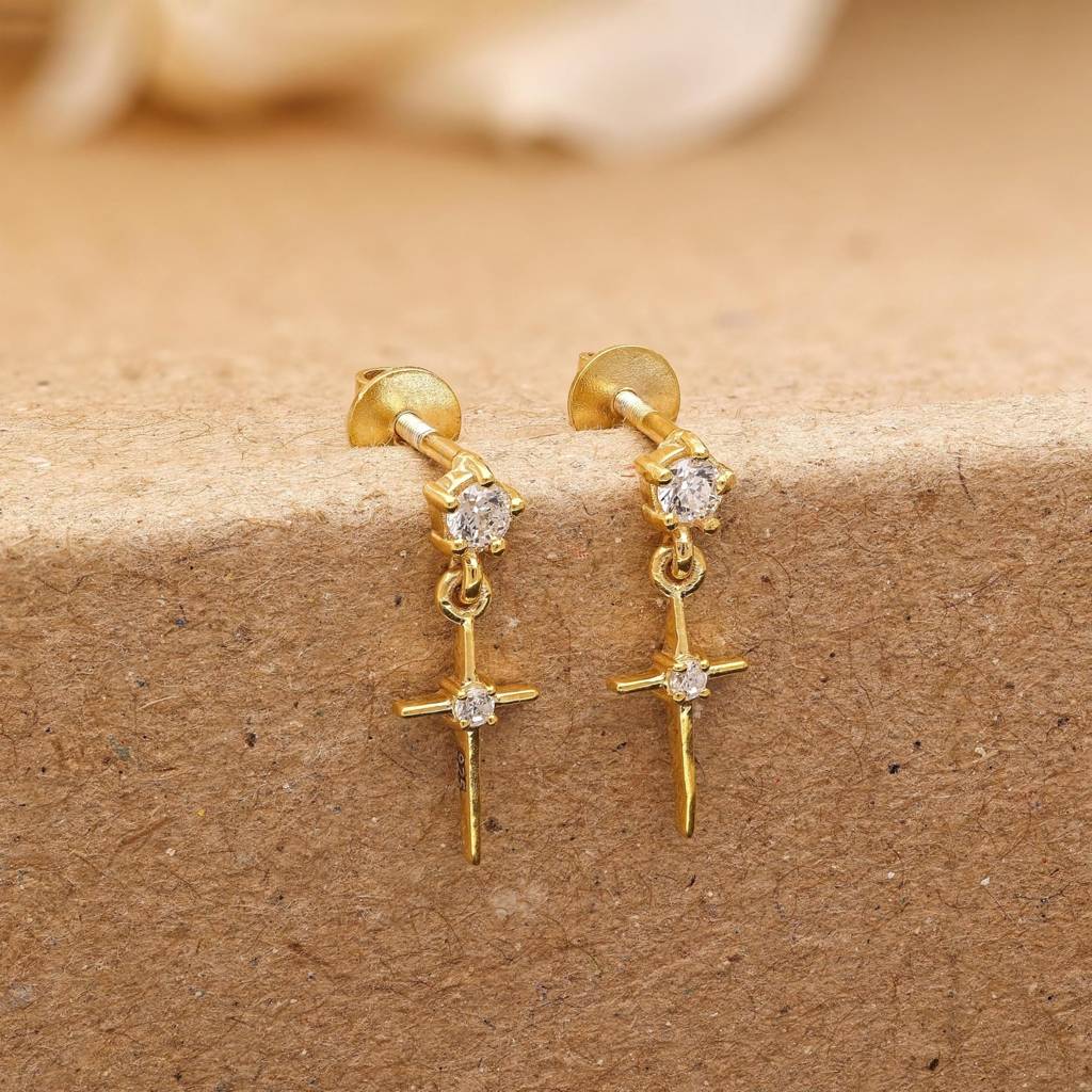 925 Silver Cross Cz Drop Earrings Gold Finish Religious : SE_001001