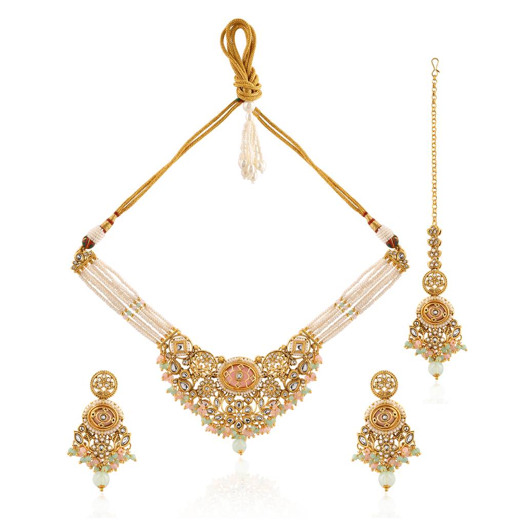 Kundan Opulance Light Pink Multi Cz-Pearl Yellow Gold-Plated Short Necklace Set : 8905124585353