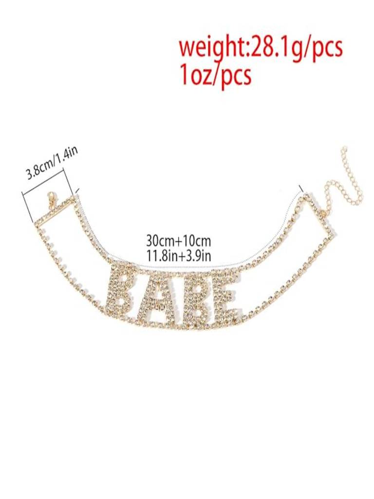 Gold-Toned Rhinestones Studded Babe Party Choker Necklace : ASX0421N345