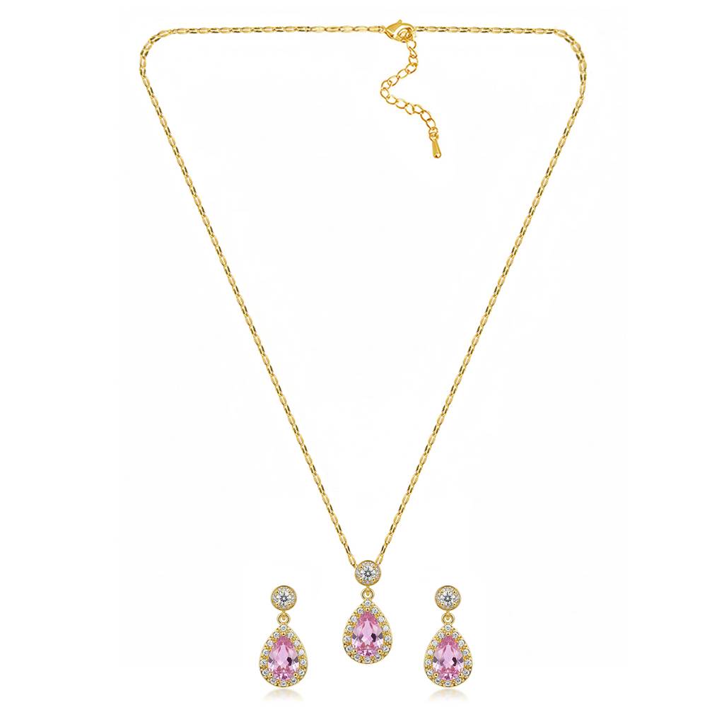 Pink Tear Drop Pendant Chain Necklace Earrings Set For Women & Girls | Gold Plated | Crystals & Cubic Zirconia St : PX9PS66GPK