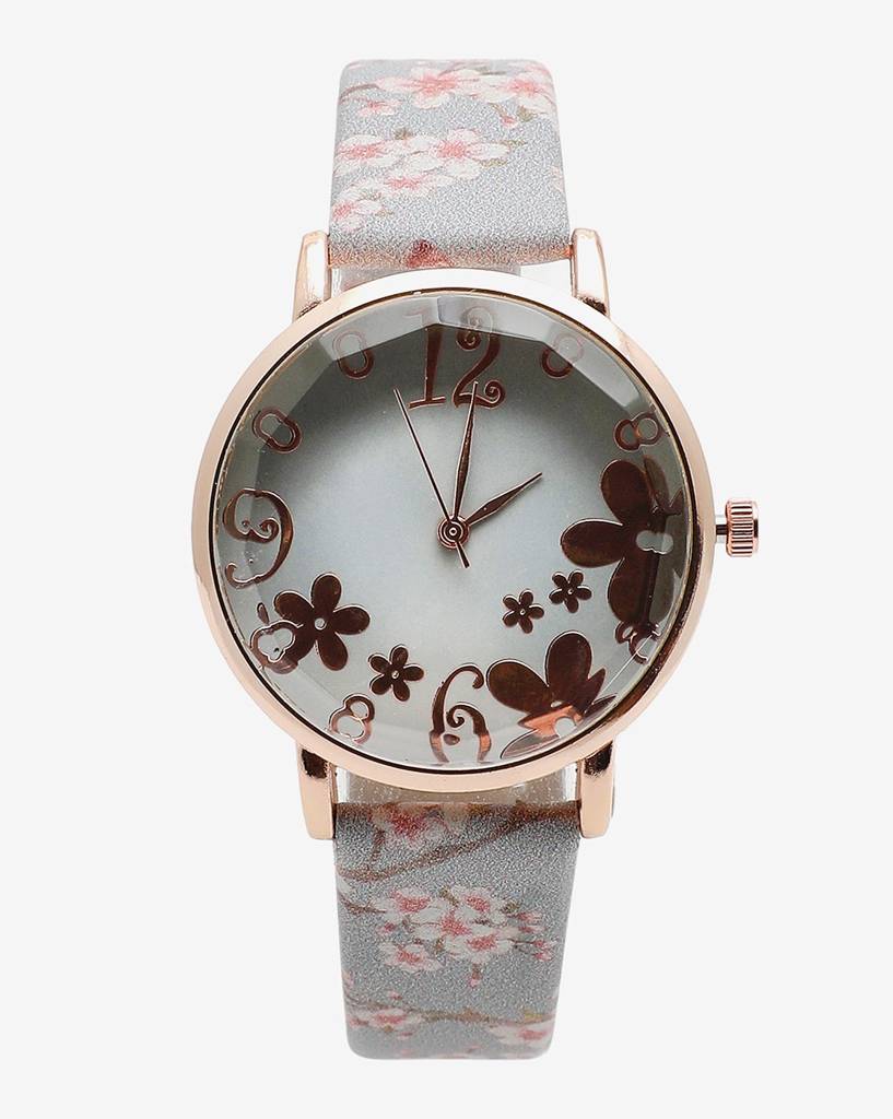 Grey & Champagne Gold Decorative Analog Round Dial With Floral Printed Leather Strap : HSWC1032