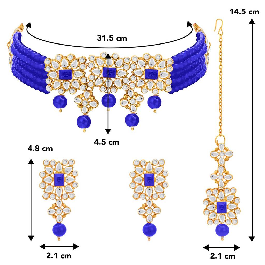 Blue Gold Plated Brass Indian Traditional Kundan Faux Pearl Choker Necklace With Earrings Jewellery Set For Women  : PF37N224B