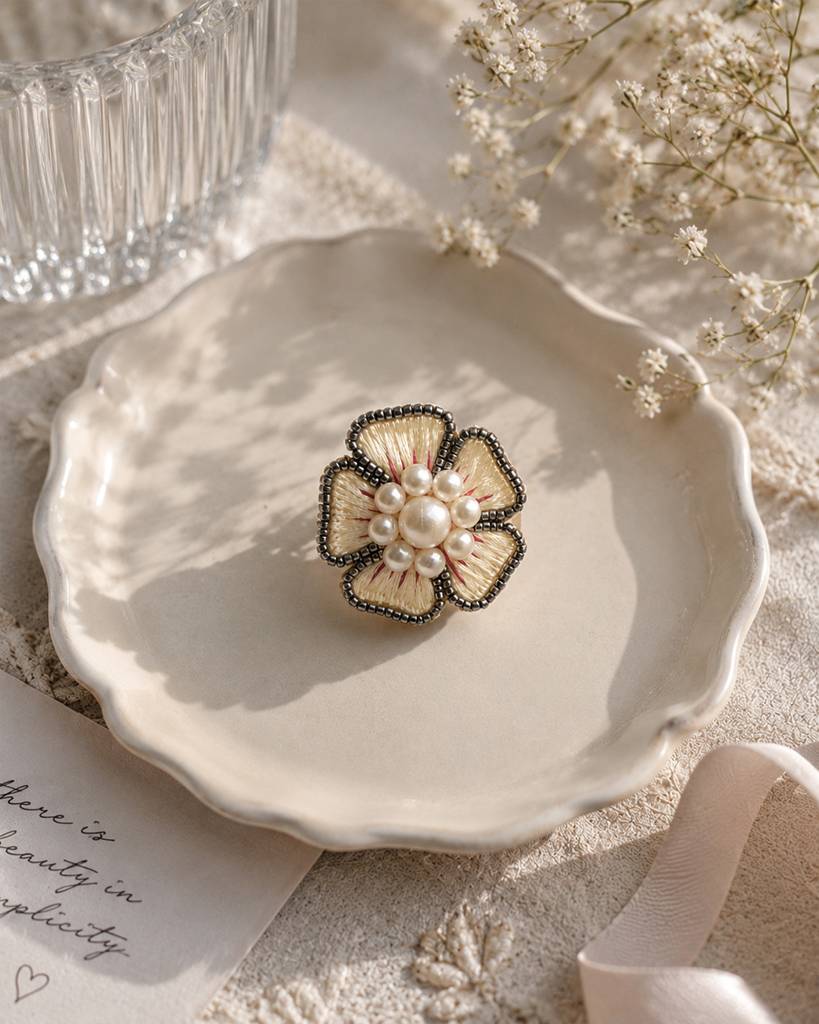 Moti Resham Flower Ring (White) : ABFR26