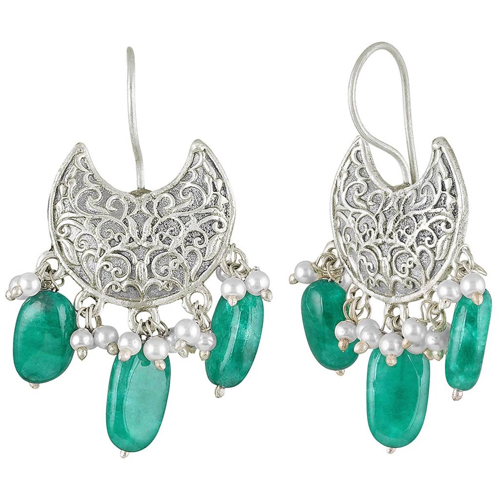Oxidized Silver Plated Green Beads Studded Ethnic Dangle Earrings Fashion Jewellery For Women & Girls : PF55E212GRN