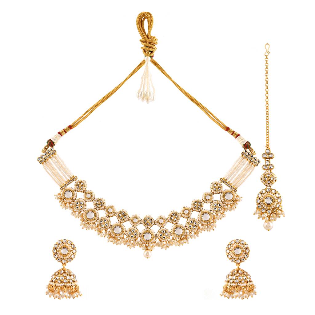 Kundan Opulance White Smoke Pearl-Beaded Yellow Gold-Plated Short Necklace Set : 8905124585360