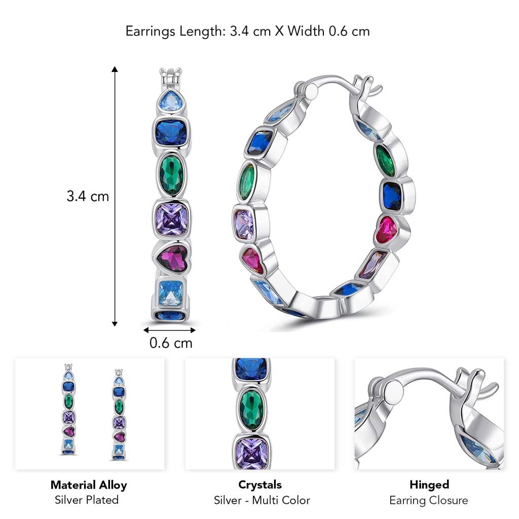 Silver Plated Multicolor Crystals Studded Fancy Hoop Earrings Jewellery For Women & Girls : PX9E3079SML