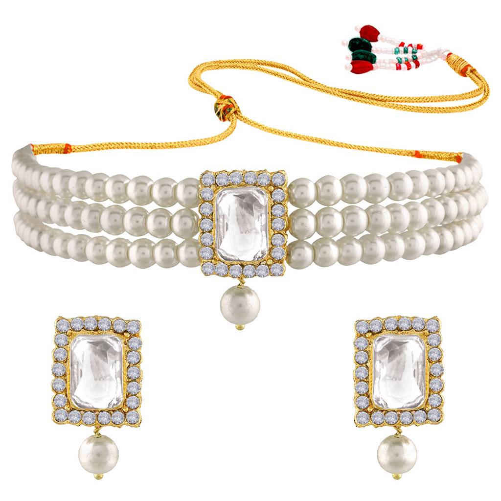 Peora Gold Plated Indian Traditional Crystal Pearl Beaded Choker Necklace Jewellery Set For Women : PF24N02W