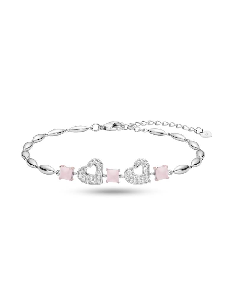 925 Silver Pink Crystal Double Heart Bracelet For Women : BR-52