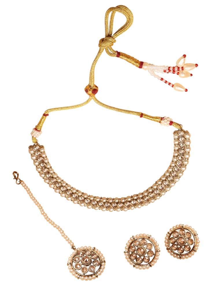 Lavish Flower And Round Shape Brown Kundan Pearl Antique Gold Plated Choker Necklace With Maang Tikka For Women : 6NS130_Brown