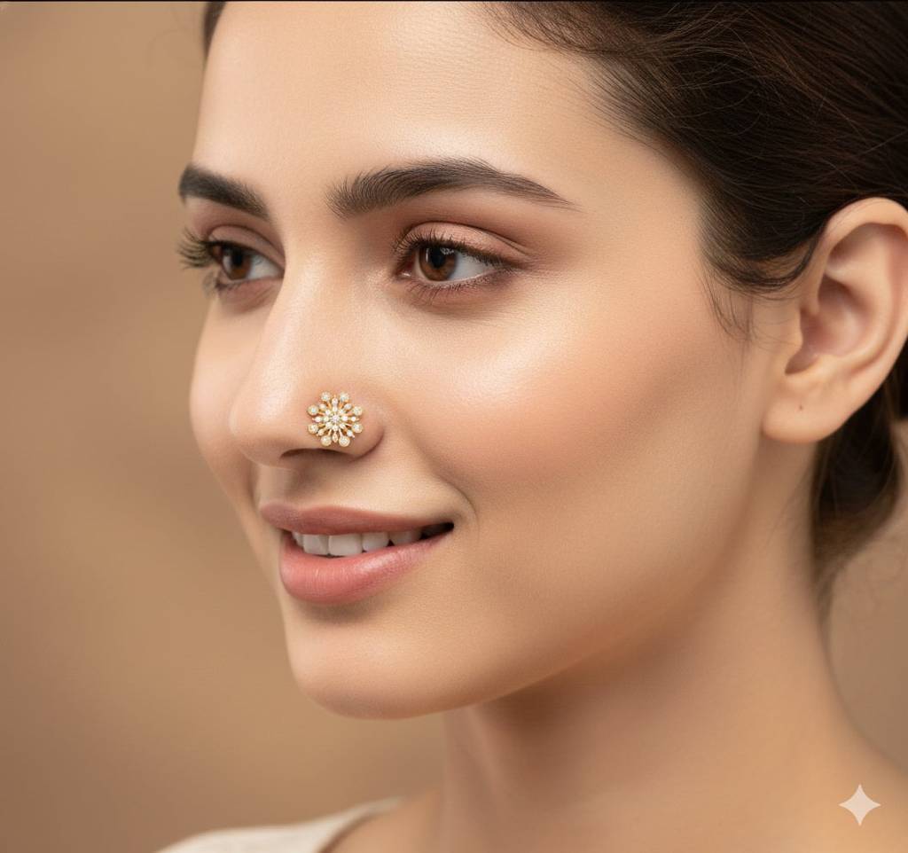 White Cz Floral Nose Pin 925 Sterling Silver Gold Plated : NP-00263