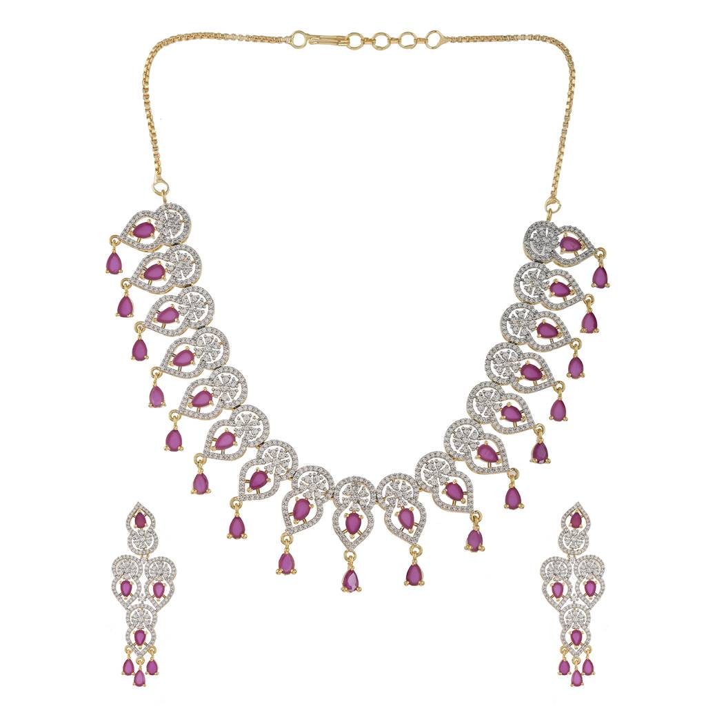 Sparkling Elegance Ruby Glimmer American Diamond Gold Necklace Set : 8905124512953