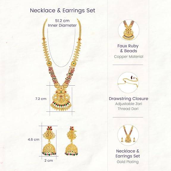 Ethnic Long Necklace Earrings For Women & Girls Gold Plated Faux Ruby Emerald & Beads Studded Festive Temple Jew : PF04NK03RPG