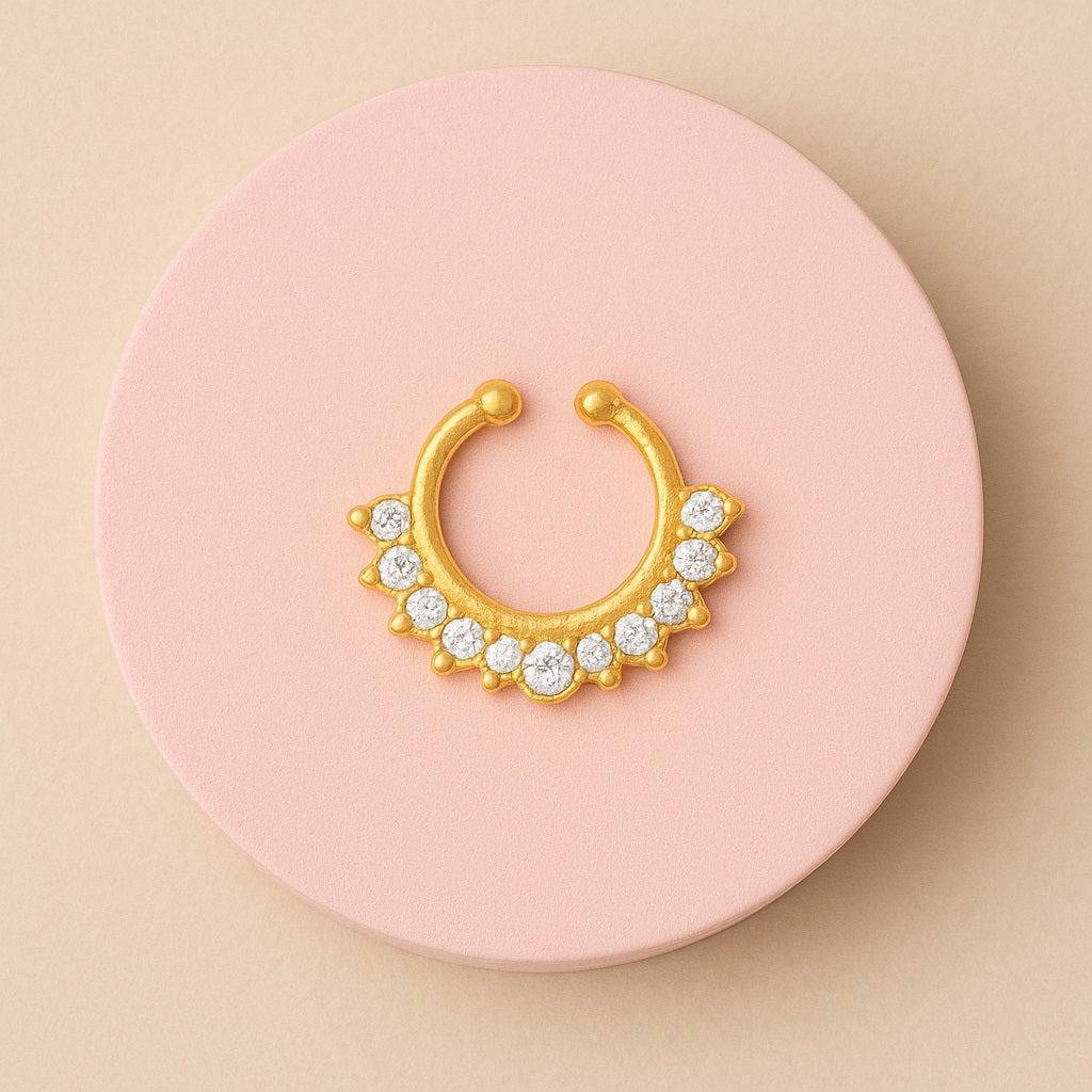 White Cz Crown Fan Septum Nose Pin - Sterling Silver Gold Plated : VNP-0016_925S_YG_WCZ
