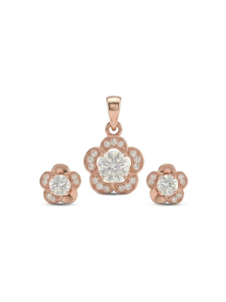 925 Sterling Silver Blooming Daisy Diamond Pendant Set With Earrings : PE-1