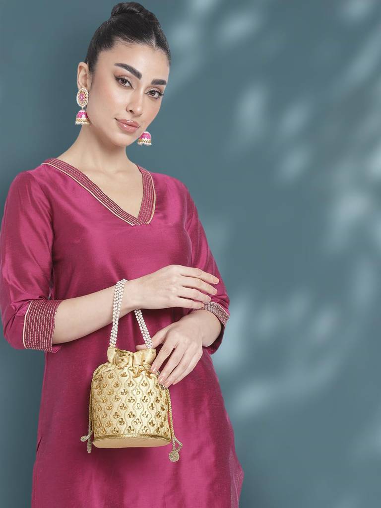 Embroidered Potli Bag For Women Handmade Ethnic Purse Evening Handbags Stylish Bridal Fashion Clutch Bag Gift For Girls : P88G