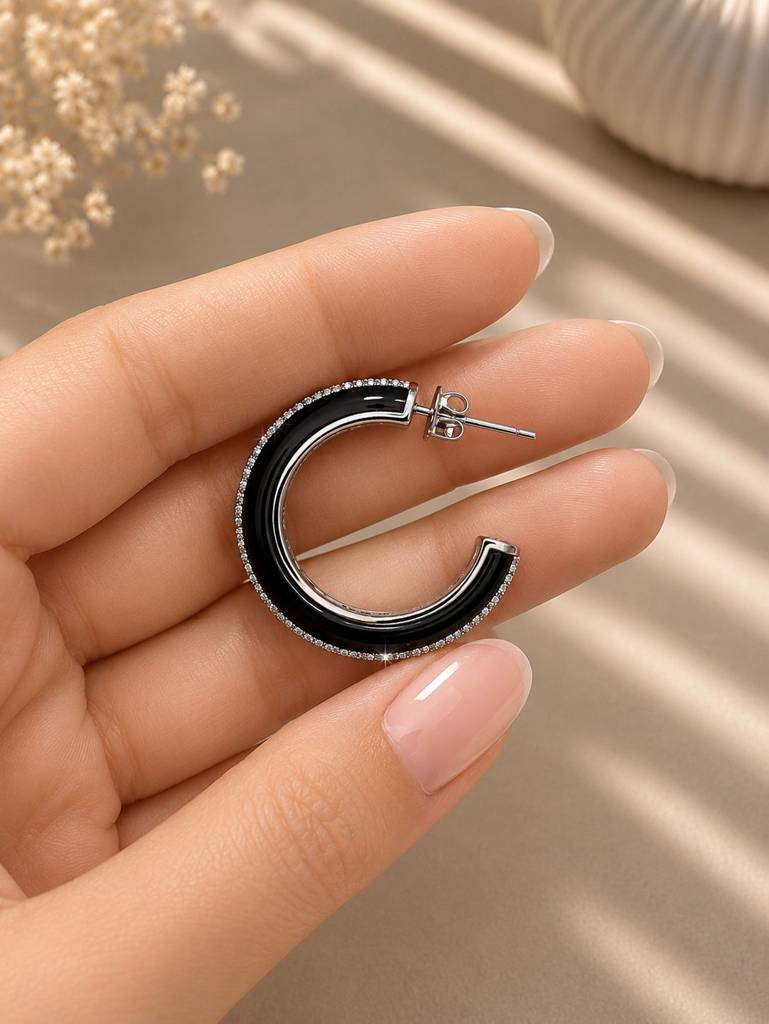 Premium Diamond Studded Black Enamel Women’S Hoop Earrings : 100041