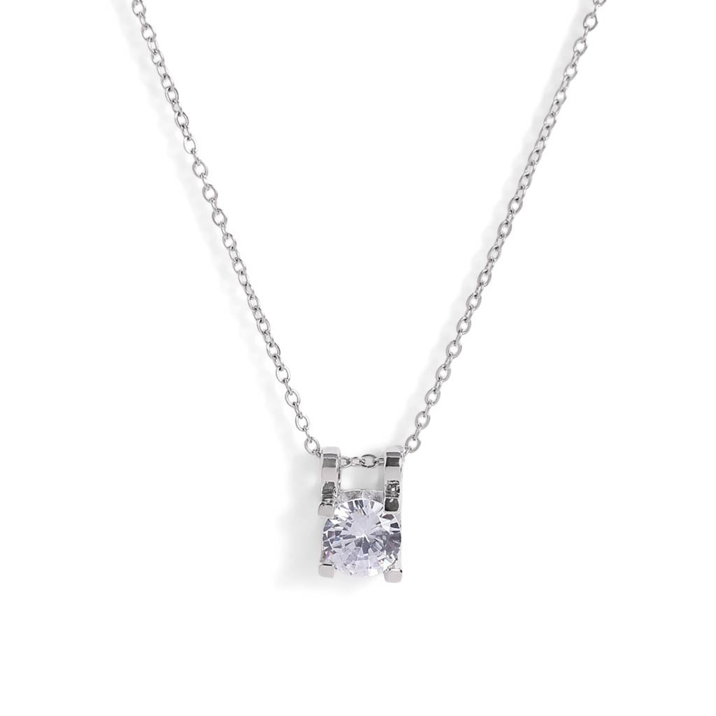 Rhodium Plated Round Pendant Necklace | White Crystal Solitaire Design |Office Wear : CYL-017-IRWE-PENDANT