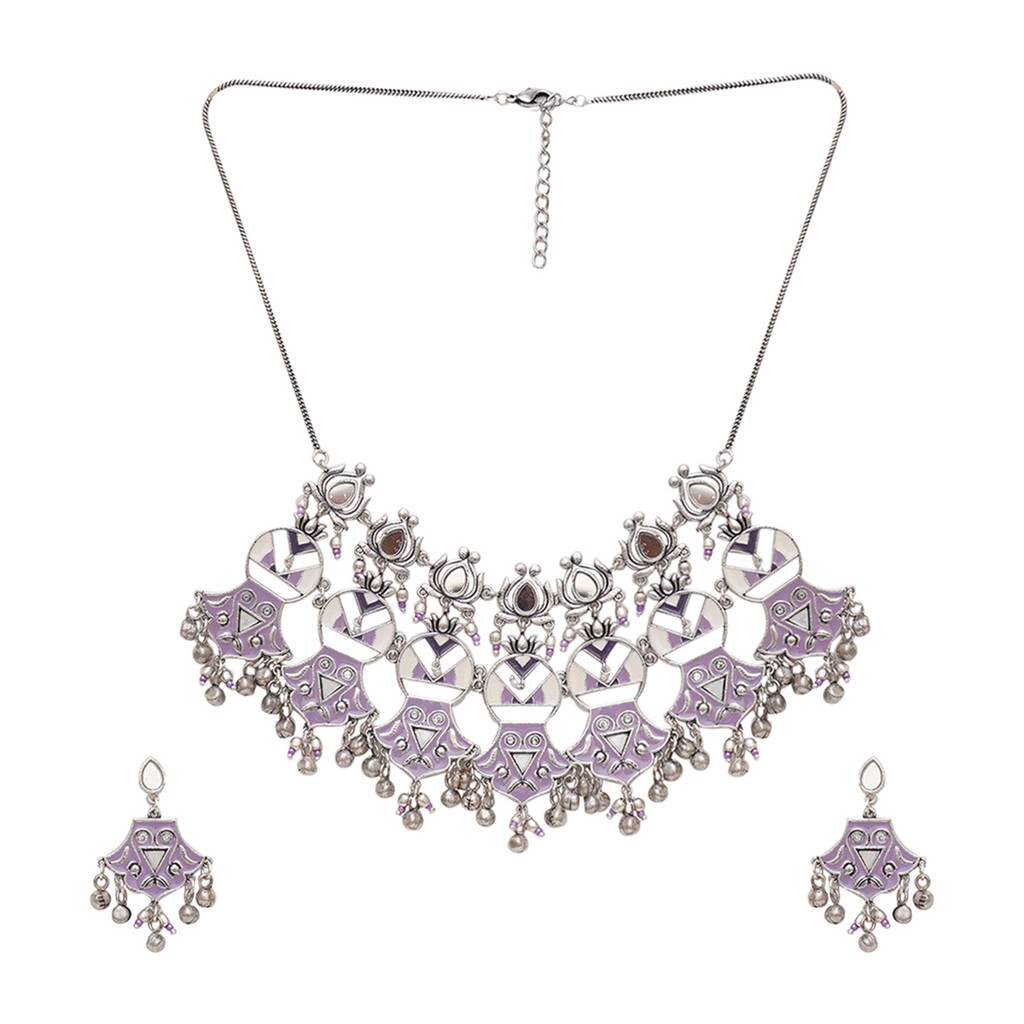 Festive Hues Faux Pearls Adorned Mirrored Brass Oxidised Silver Plated Jewellery Set : 8905124466324