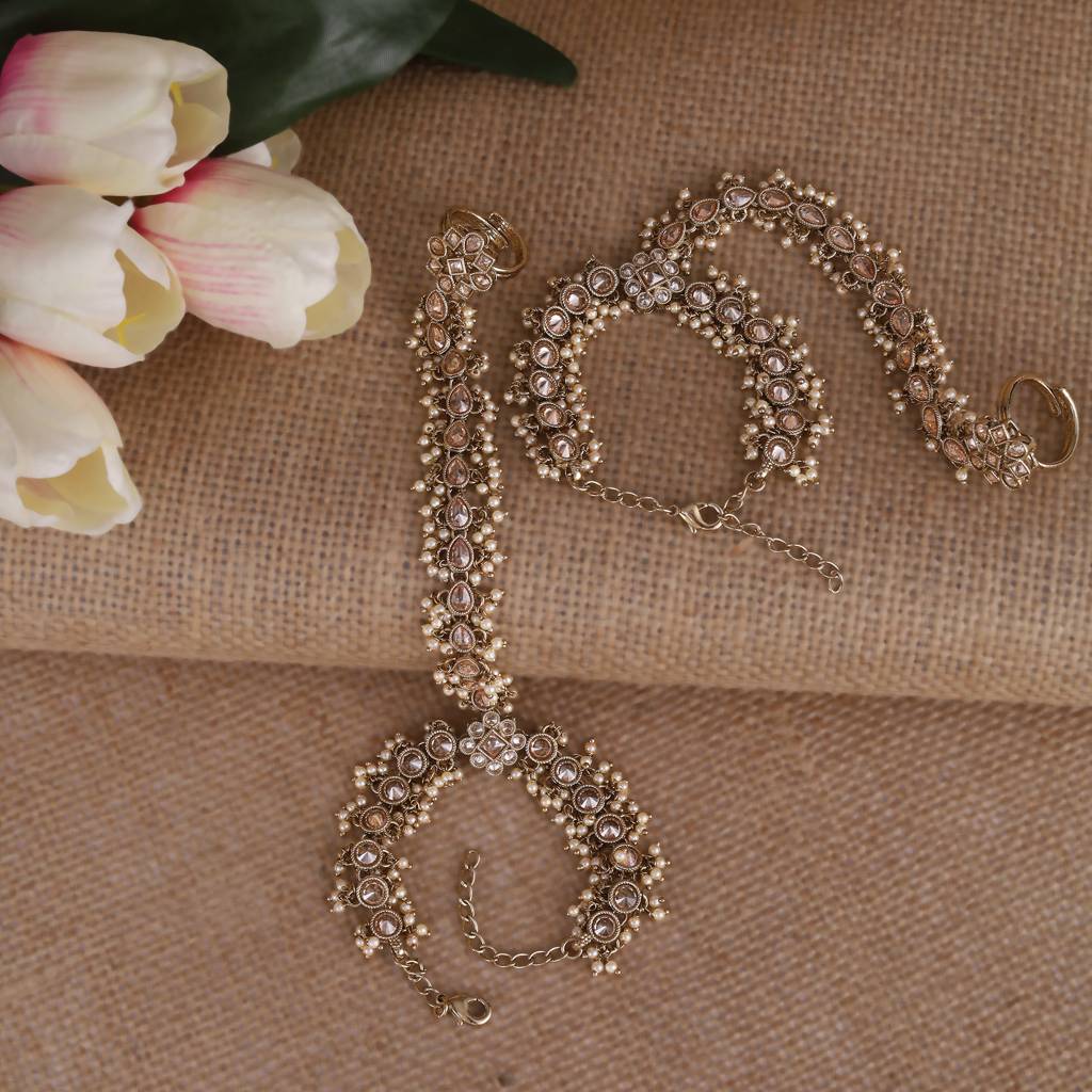 Traditional Flower And Oval Design Gold Plated Pearl Set Of 2 Adjustable Hathphool(Panja) For Women : 6HP29_MD