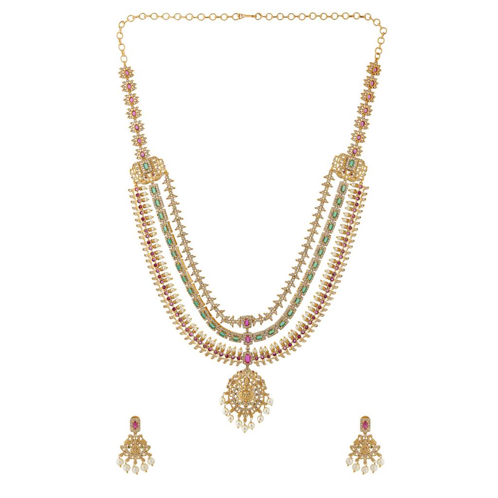 Voylla Gold Opulence Viraasat Temple Cz Necklace Set For Women Gold Plated Brass Temple Jewellery Wedding Neck : 8905124571912