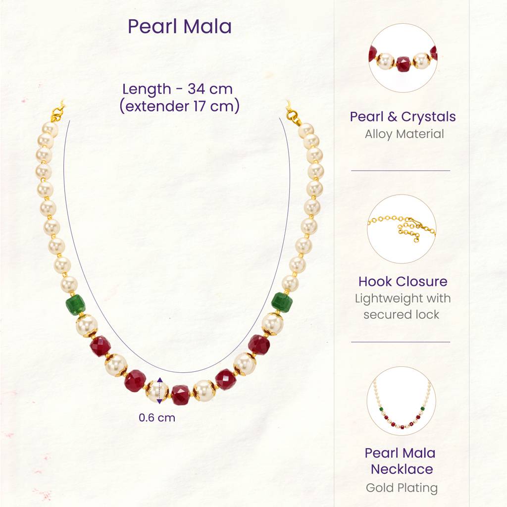 Ethnic Red & Green Beads Mala Necklace For Women & Girls Gold Plated Pearl & Crystals Studded Traditional Festive : PF10ML31RG