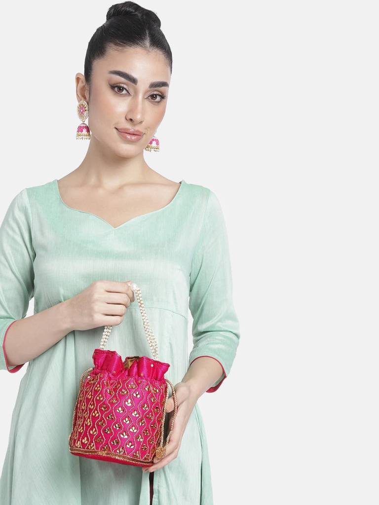 Embroidered Potli Bag For Women Handmade Ethnic Purse Evening Handbags Stylish Bridal Fashion Clutch Bag Gift For Girls : P88RP