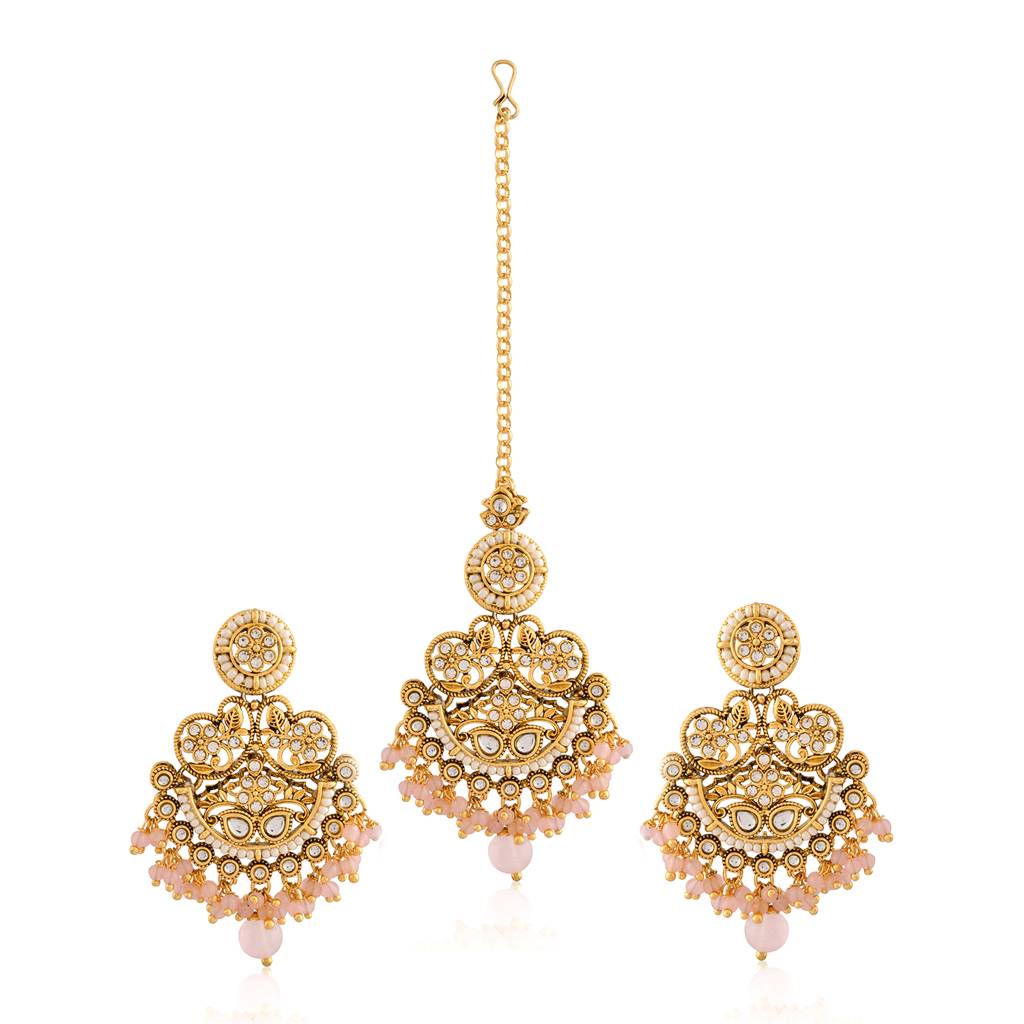 Pearl Elegance Light Pink Cz Yellow Gold-Plated Dangler & Maangtika Set : 8905124582369