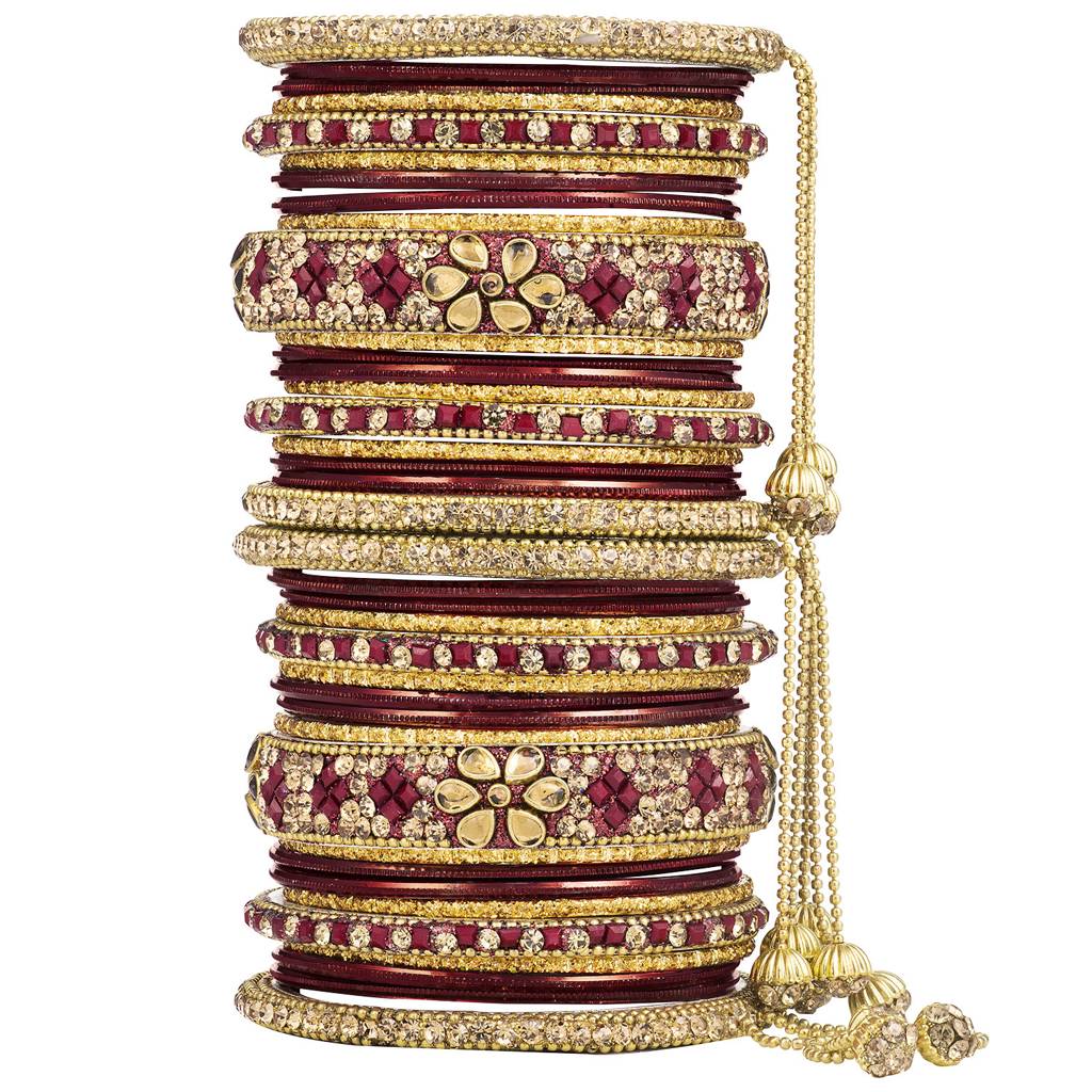 Stone Studded Metal Chuda Bangle Set With Hangings For Women Wedding Bridal Indian Traditional Ethnic Jewellery : PF51B43M