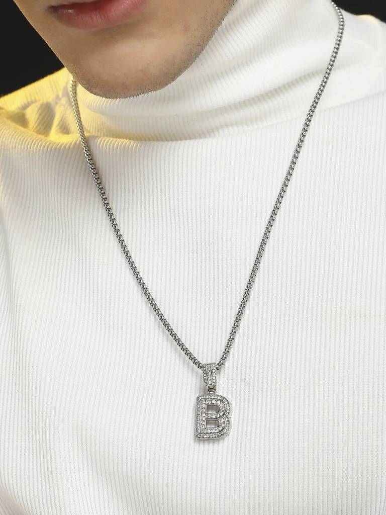 Men'S Embellished Alphabet Pendant Necklace - Silver : FANC1071-B