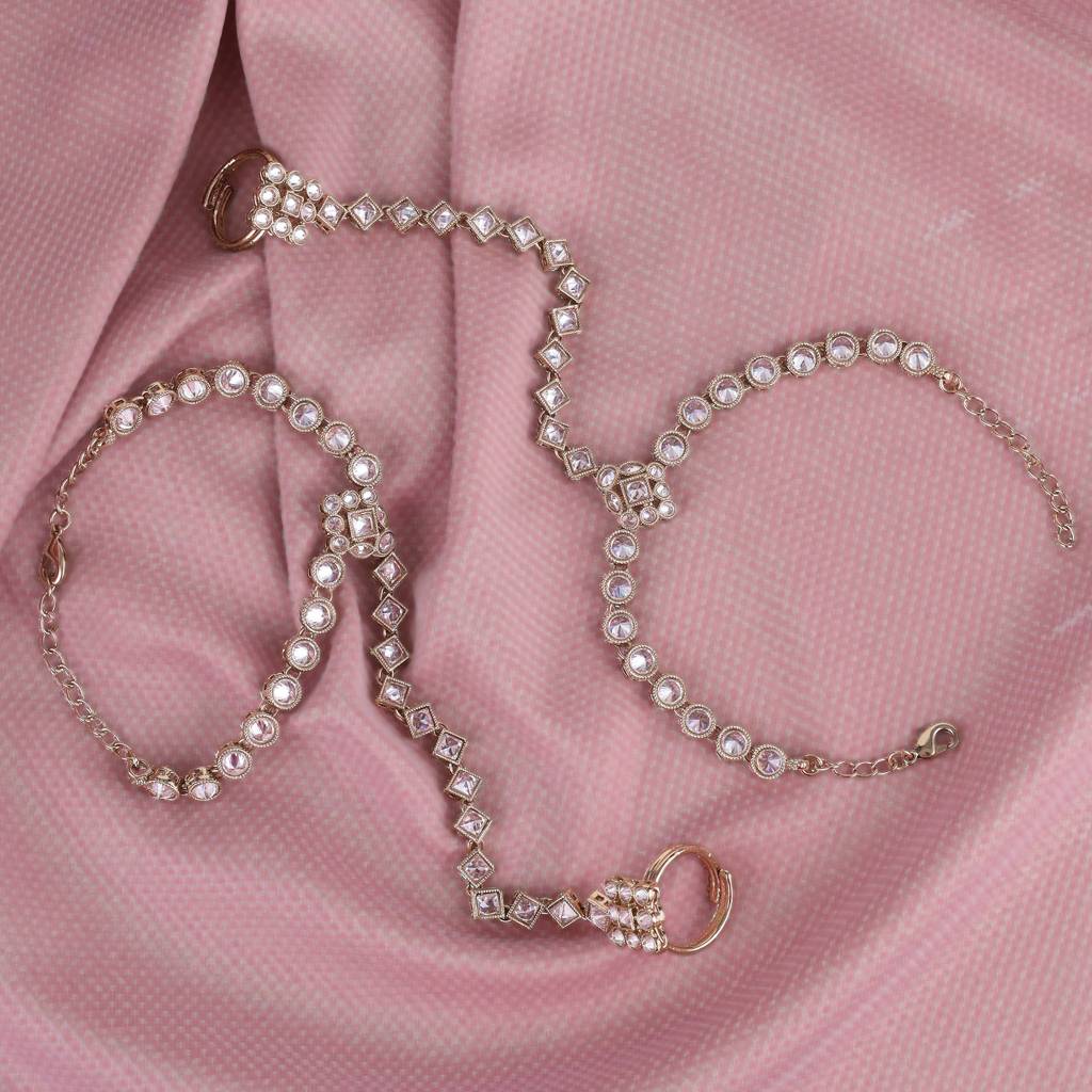 Traditional Round And Rectangle Shape Gold Plated Set Of 2 Adjustable Hathphool(Panja) For Women : 6HP44_MD