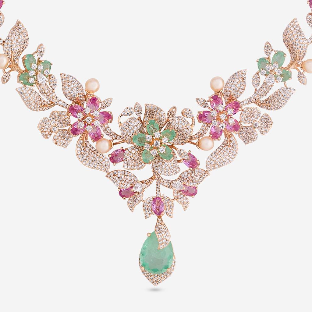 Pink-Mint Gold-Rose - Plated Party Wear Zircon Necklace - 470847 : 470847
