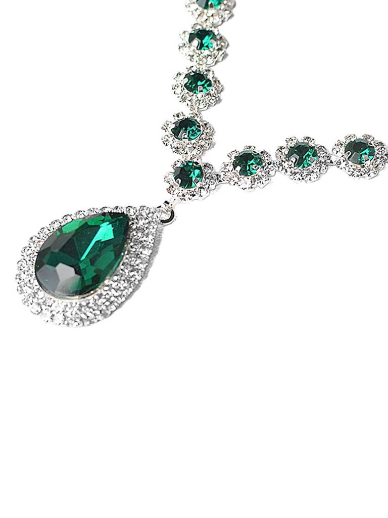 Peora Silver Plated Cubic Zirconia & Crystal Studded Teardrop Tassel Necklace With Drop Earrings Set Stylish Fash : PX9N144GRN