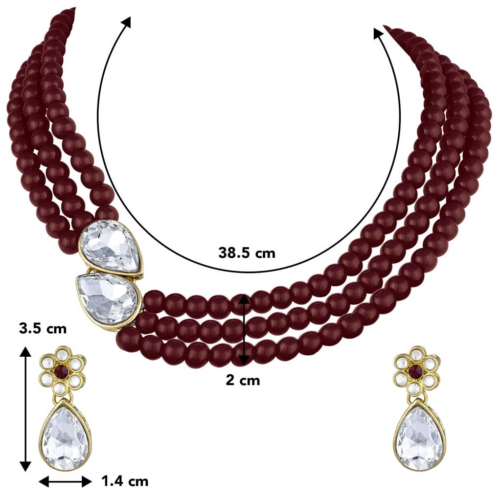 Pearl Mala Necklace With Earrings For Women Girls Traditional Stylish Ethnic Jewellery Set (Maroon-White) : PF26N1145MW