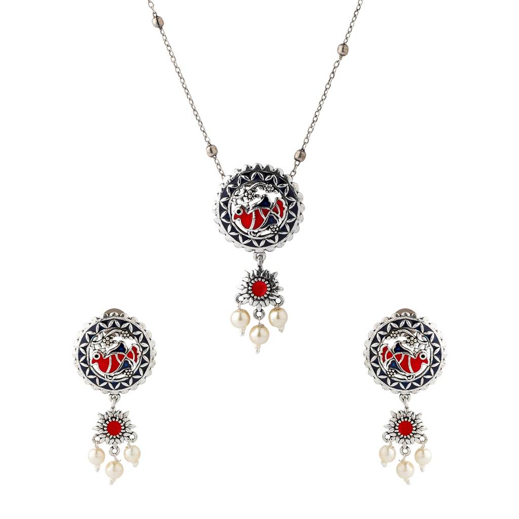 Madhubani Pakhi Phool Oxidised Enamel Pendant Set : 8905124562293
