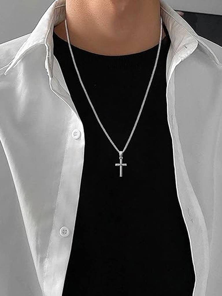 Combo Of Silver Plated Openable Fancy Bracelet For Boys With Cross Pendant Cuban Chain For Men & Women : PX5CH86-PX5SB112