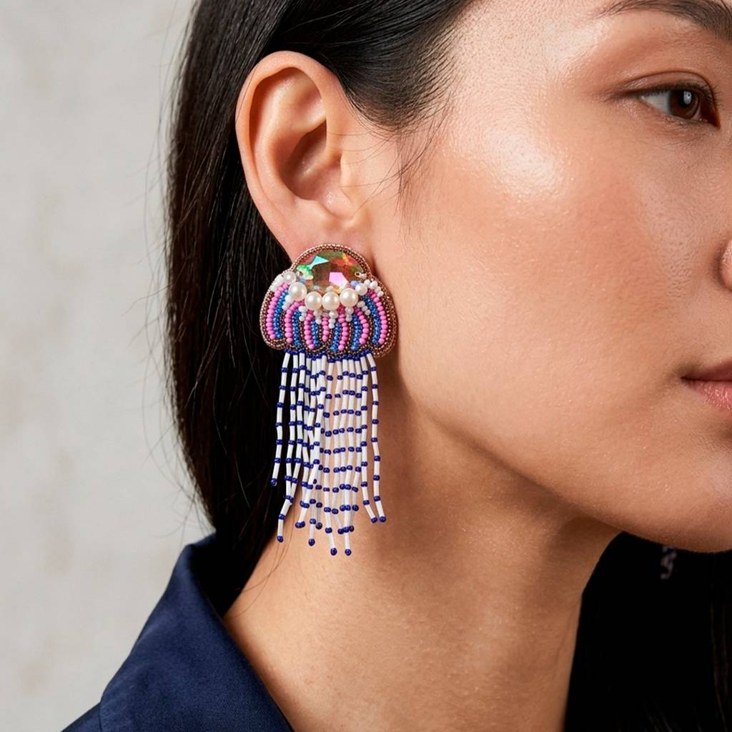 Blue, Pink & White Handmade Dangler Underwater Jelly Fish Themed Bead Earring : ERJF095
