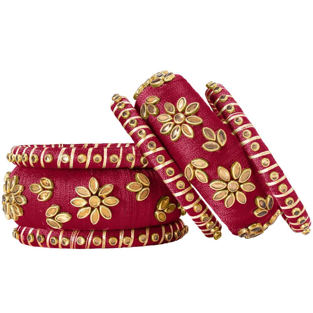 Peora Silk Thread Matching Golden Floral Decorative Chuda Chura Bangle Set For Women : PF51B69R